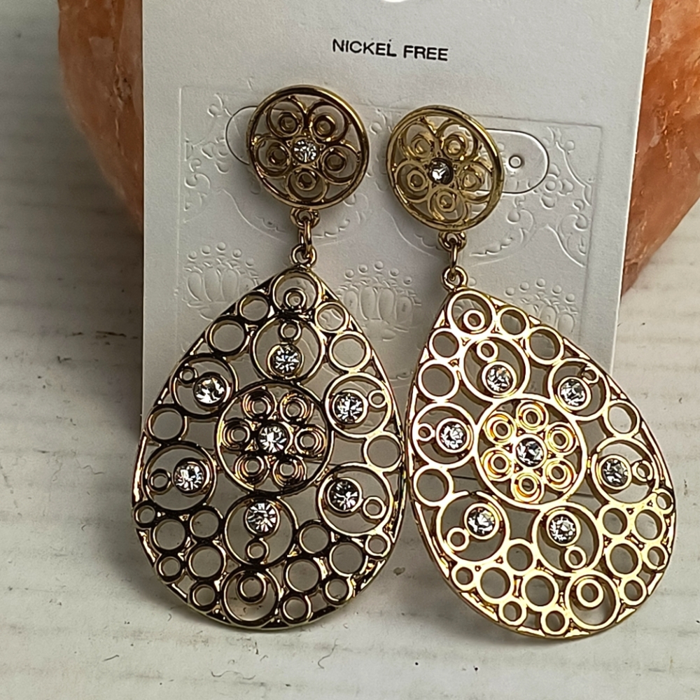 Target🎯Nickel Free Sculpted Drop Post Earrings Gold Tone Rhinestone Clear Metal